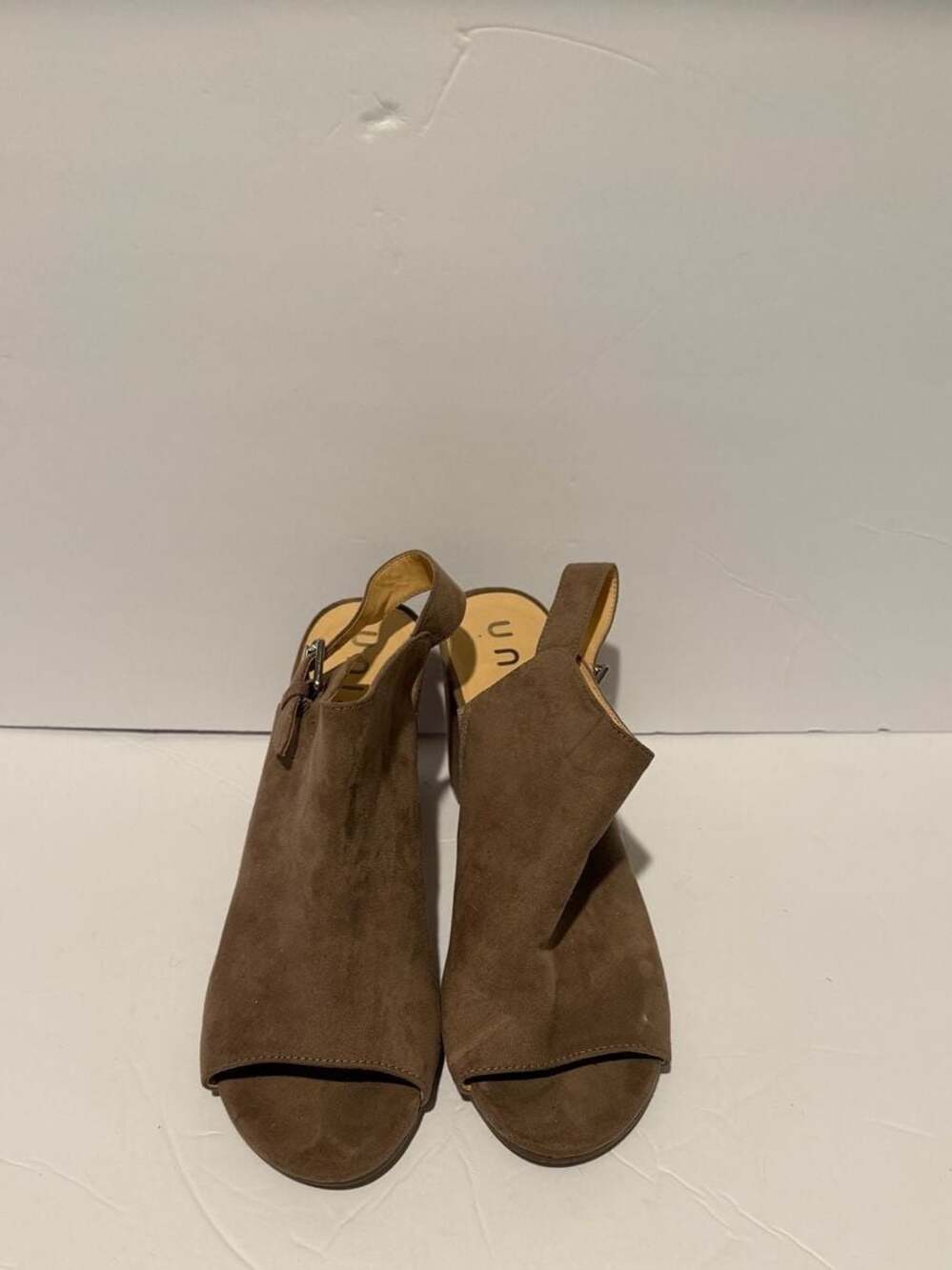 Unisa Brown Faux Suede‎ Peep Toe Slingback Block Heel Sandals